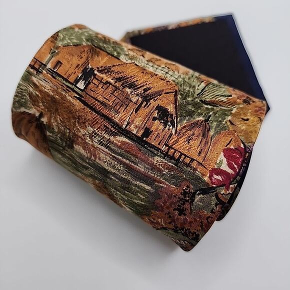 Villa Bugatti Tan-Red-Green Scenic Floral Silk Necktie - USA - Like New - Picture 5 of 5